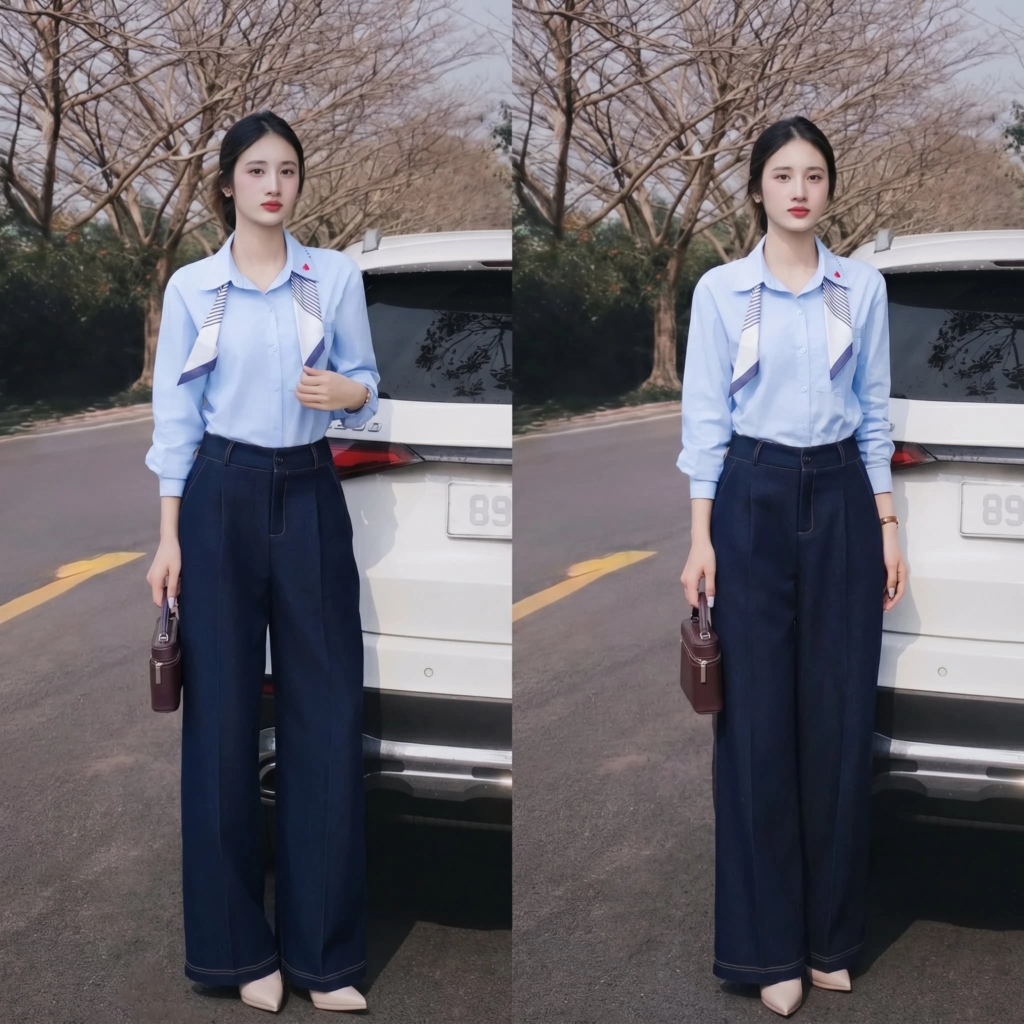Set sơ mi thêu tim và quần jean suông